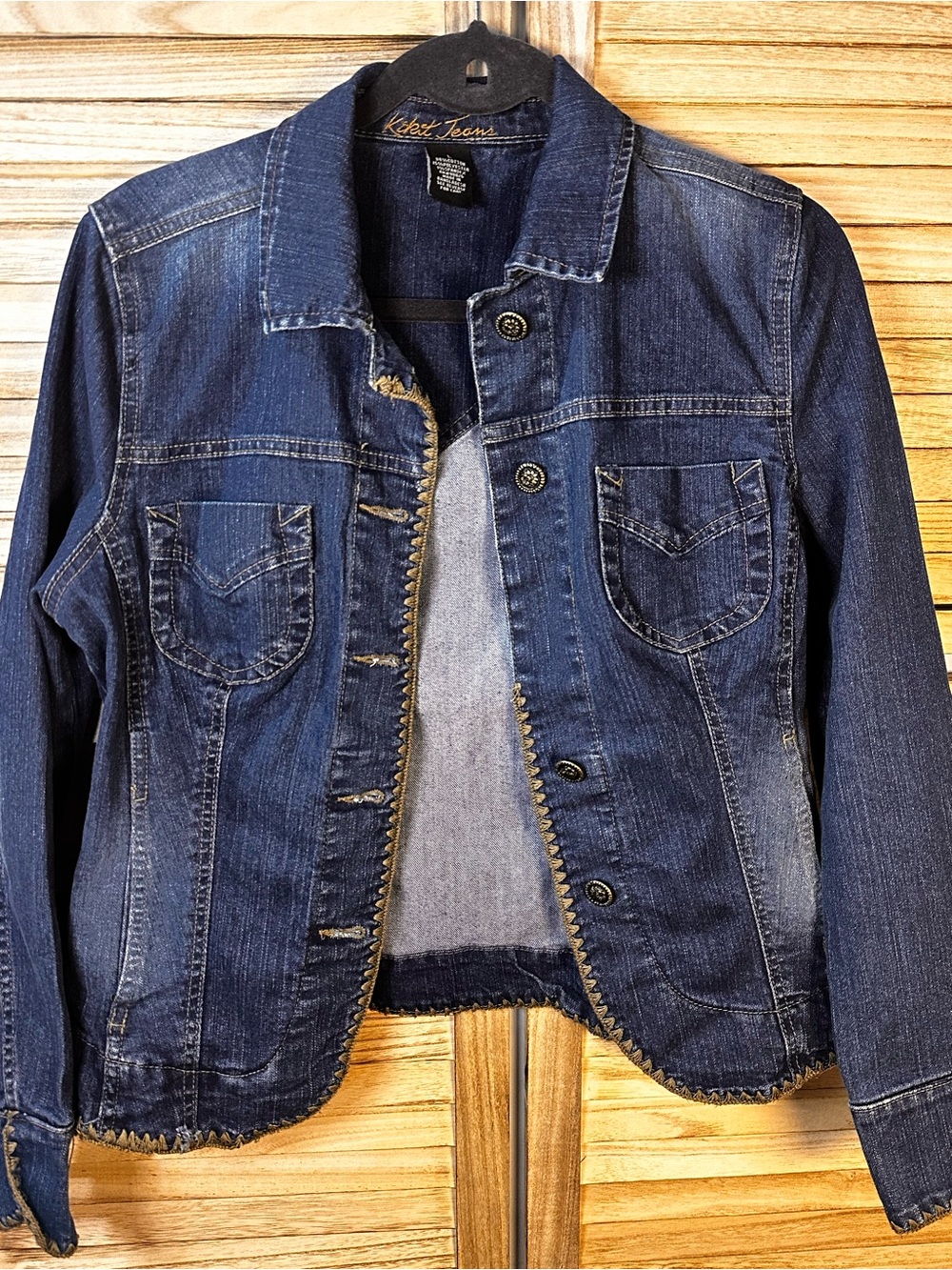 Vintage kikit Women's Indigo Denim Jacket with golden contrast embroidery Stitch